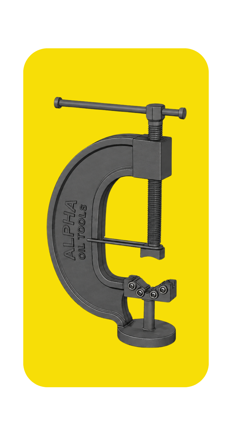 Gray C-clamp-style bench vise with a screw mechanism and jaw assembly on a bright yellow background, used to hold workpieces.