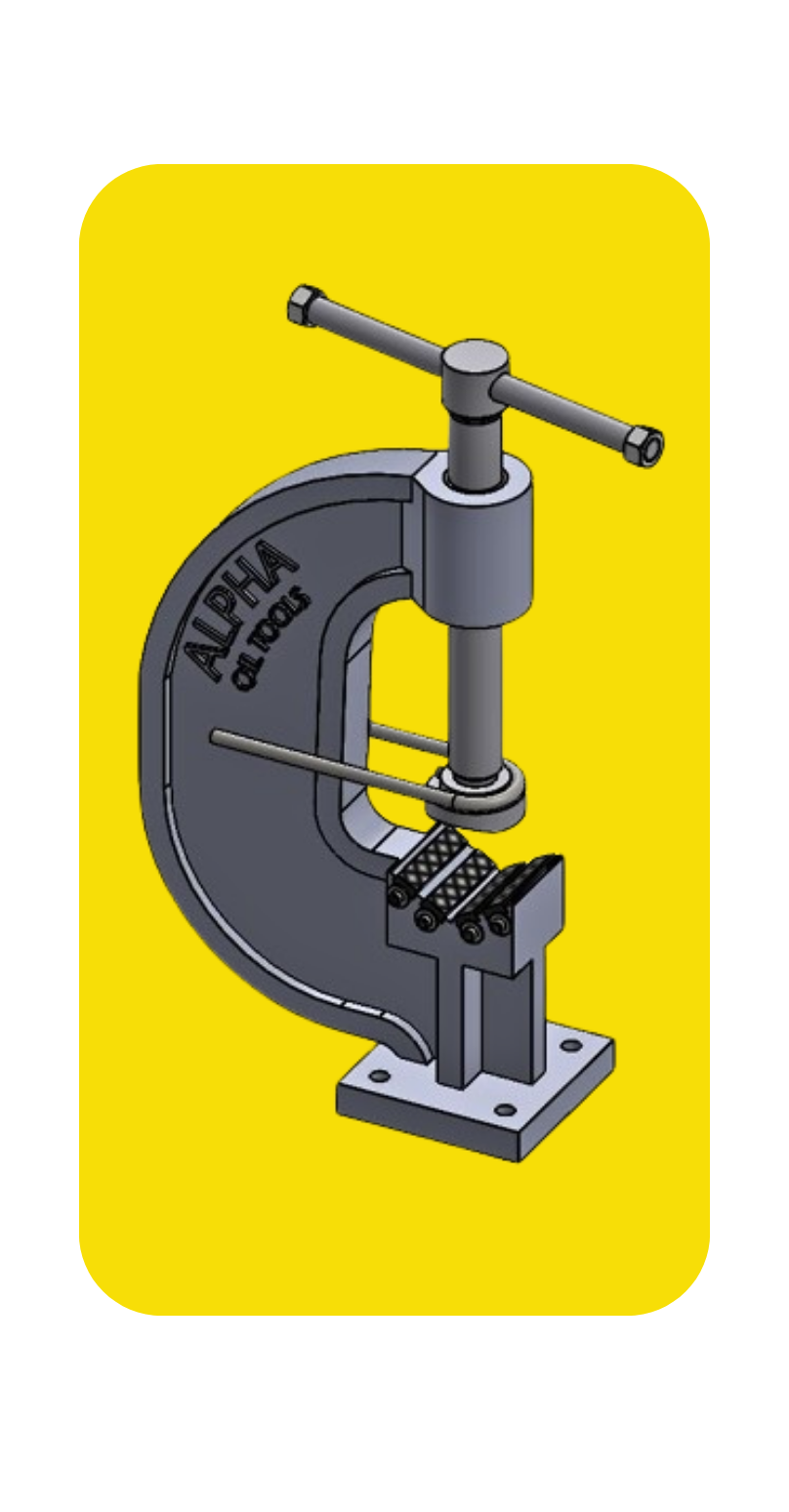 Industrial hand press machine with a screw handle and die set on a yellow background (Alpha Tool branding).